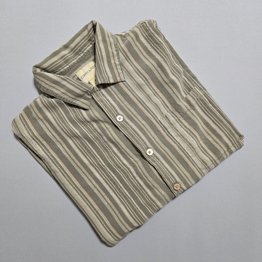 Joseph‎ & Feiss Men XL Silk Button Down Olive Striped Jacquard Short Sleeve
